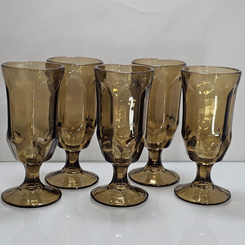 5 Vintage Brown Goblets 6" Duz Crystal midcentury glassware retro 1960s Baroque